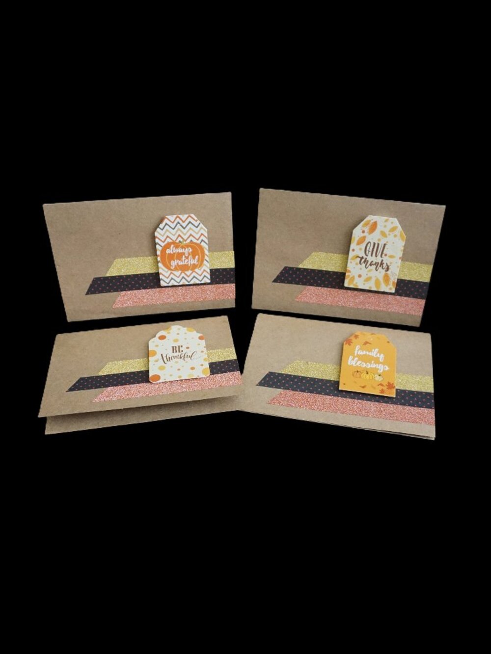 4 Thanksgiving Handmade Greeting Cards 4 x 5.5 Glitter Washi Tape & Tags